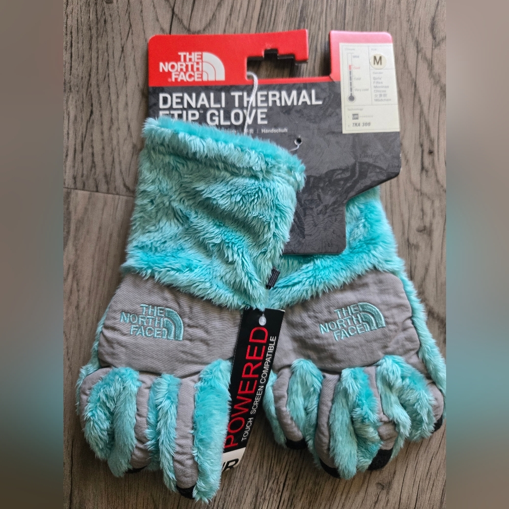 The North Face Denali Thermal Etip Turquoise and Gray Gloves Girls Youth Medium